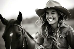 ai generatief. een jong veedrijfster vrouw in een cowboy hoed lacht. fotografie in zwart en wit. horizontaal foto