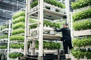 arbeider Actie in de omgeving van de verticaal boerderij Aan een optillen en soort de planten. ai generatief foto