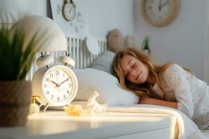 kind meisje slaapt in haar bed in de vroeg zonnig ochtend. de klok is in de voorgrond. de concept van kinderen slaap schema. ai generatief foto