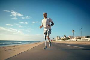 prothesen Aan de poten van een jong gehandicapt Mens. Mens gaan voor een rennen langs de zee in zonnig het weer. ai generatief foto