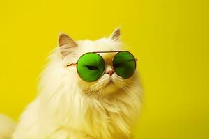 modieus wit pluizig kat in groen bril poseren Aan een geel achtergrond. de kat looks Bij de camera verdacht. ai generatief foto