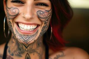 ai generatief. gezond tanden en mooi breed glimlach van een jong vrouw met tatoeages Aan haar gezicht en lichaam foto