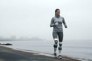 een jong gehandicapt vrouw in een grijs trainingspak is jogging langs de kust in bewolkt het weer. ai generatief foto