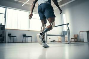een gehandicapt Afrikaanse Amerikaans Mens met prothesen in plaats daarvan van poten treinen in een revalidatie centrum d in een wit licht kamer. poten dichtbij omhoog. ai generatief foto