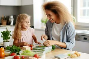 gemengd ras moeder inpakken lunch doos voor haar dochter in huis keuken. dochter staat door en helpt. ai generatief foto