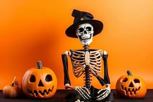 skelet in zwart hoed en halloween pompoenen Aan oranje achtergrond. ai generatief foto