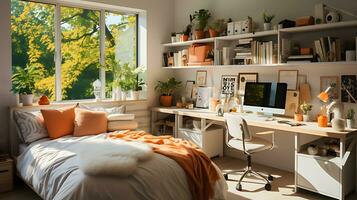 mooi, ruim en helder kamer voor een tiener of leerling met een groot bed en ramen. ai generatief foto