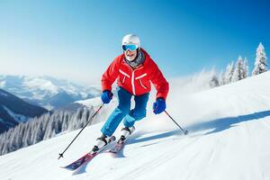 ai generatief. een ouderen Mens in een rood en blauw ski pak skis Aan een besneeuwd helling. horizontaal foto