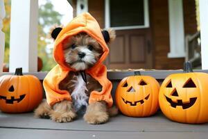 een puppy in een oranje kaap zit Aan een houten veranda van een huis De volgende naar een pompoenen. halloween viering concept. ai generatief foto