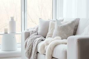 ai generatief. wit leven kamer met een zacht sofa versierd met een pluizig deken en zacht kussens. horizontaal foto