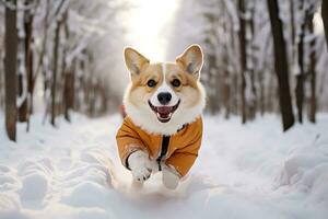 ai generatief. corgi gekleed in een oranje jasje loopt langs een besneeuwd pad terwijl wandelen in de Woud foto