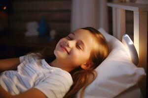 meisje kind slaapt in haar bed in een donker kinderen kamer met de nacht licht draaide zich om Aan. ai generatief foto