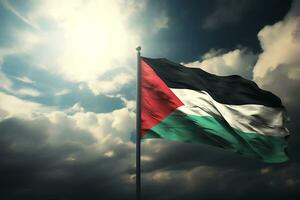 ai generatief. Palestina vlag tegen de lucht met wolken en rook foto
