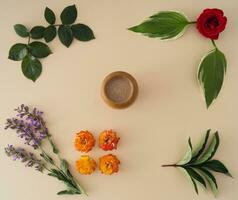 creatief minimaal lay-out gemaakt van bloemen, groen bladeren en kop van koffie. natuur samenstelling idee. koffie vlak leggen concept. bloemen stijlvol. foto