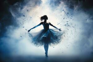 ballerina silhouet in een pluizig jurk Aan stadium in wolken van rook en schijnwerpers. gegenereerd door kunstmatig intelligentie- foto