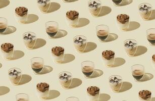 creatief modieus patroon gemaakt van verschillend types van koffie drankjes Aan pastel achtergrond. minimaal koffie concept. luxe patroon achtergrond idee. koffie stijlvol. foto