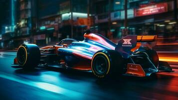 luxe Formule 1 auto hoog snelheid rennen door de stad straten. gemaakt met generatief ai foto