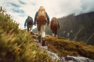 avontuurlijk toeristen trektocht door de bergachtig terrein, nemen in de verbijsterend natuurlijk schoonheid en vers lucht, generatief ai foto