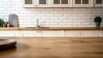 houten keuken tafel voor Product Scherm montage met keuken achtergrond. gemaakt met generatief ai foto