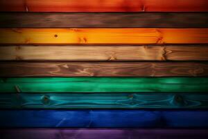 levendig regenboog houten planken achtergrond kleurrijk getextureerde hout voor ontwerp en decoratie. gemaakt met generatief ai foto