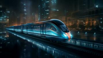 hoge snelheid trein racing door een mooi stad Bij nacht, wazig stadsgezicht in de achtergrond. gemaakt met generatief ai foto