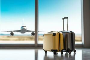 generatief ai. reizen concept met koffers Bij de luchthaven. foto