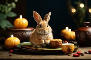 schattig konijn zittend met ronde mooncake tafel met thee cups Aan houten achtergrond en vol maan, midden herfst festival concept. ai generatief foto