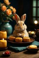 schattig konijn zittend met ronde mooncake tafel met thee cups Aan houten achtergrond en vol maan, midden herfst festival concept. ai generatief foto