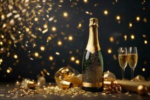 fles van Champagne met gouden confetti Aan bokeh achtergrond, ai generatief foto
