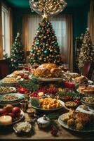 Kerstmis geroosterd kalkoen met veenbessen en sinaasappels Aan rustiek houten tafel, ai generatief foto