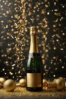 fles van Champagne met gouden confetti Aan bokeh achtergrond, ai generatief foto