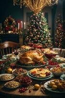Kerstmis geroosterd kalkoen met veenbessen en sinaasappels Aan rustiek houten tafel, ai generatief foto