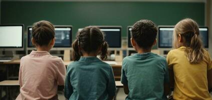 groep van kinderen zittend in klas, terug visie. elementair school- opleiding, ai generatief foto