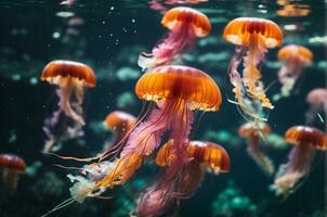 kleurrijk kwal Actie onder de zee.ai generatief foto