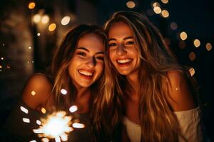groep van gelukkig vrienden spelen vuurwerk en vieren in restaurant Bij nacht, ai generatief foto