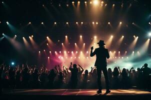 concert menigte in voorkant van een helder stadium met lichten en rook. ai generatief foto