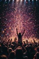 menigte juichen Bij een muziek- festival en confetti vliegend in de lucht. ai generatief foto