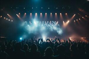 concert menigte in voorkant van een helder stadium met lichten en rook. ai generatief foto