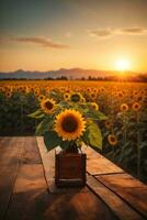 houten tafel met zonnebloemen Aan de achtergrond van mooi zonsondergang, ai generatief foto