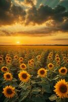 zonsondergang over- zonnebloem veld. mooi zomer landschap met zonnebloemen. ai generatief foto