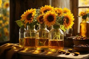 zonnebloem olie in glas flessen met zonnebloemen Aan houten achtergrond, ai generatief foto