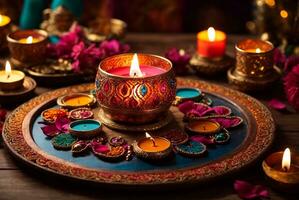 diwali of deepavali - klei diya lampen lit gedurende diwali viering in Indië. ai generatief foto