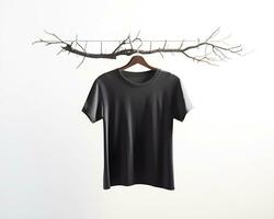 schoon en minimaal zwart t-shirt mockup Aan een houten het spoor. generatief ai foto