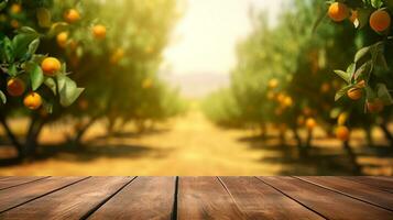 leeg hout tafel met oranje bomen en veld- achtergrond. gemaakt met generatief ai foto