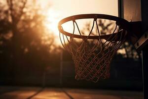 zonsondergang basketbal detailopname van een basketbal hoepel in warm avond licht. gemaakt met generatief ai foto