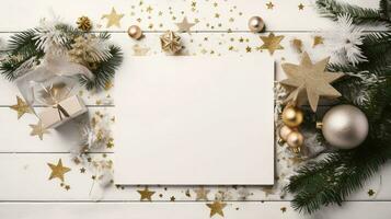 Kerstmis decor en blanco kaart Aan wit houten tafel - ruimte voor tekst. gemaakt met generatief ai foto