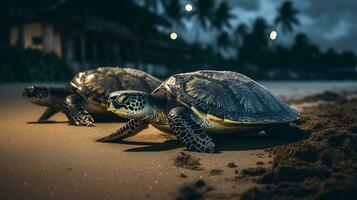 's nachts wandelen met zee schildpad en kokosnoot boom Aan de strand. gemaakt met generatief ai foto