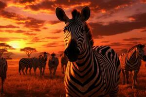 zebra in de savanne Bij zonsondergang. 3d illustratie, kudde van zebra's in de savanne Bij zonsondergang, ai gegenereerd foto