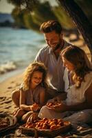 vrolijk familie genieten van een picknick Aan de zanderig kust foto