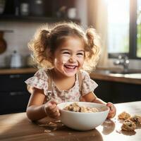 aanbiddelijk kind roeren koekje deeg met een houten lepel foto